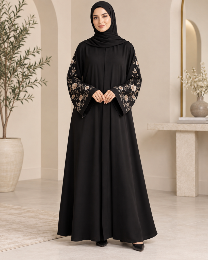 Black A-Line Abaya with Floral Sleeve Embroidery