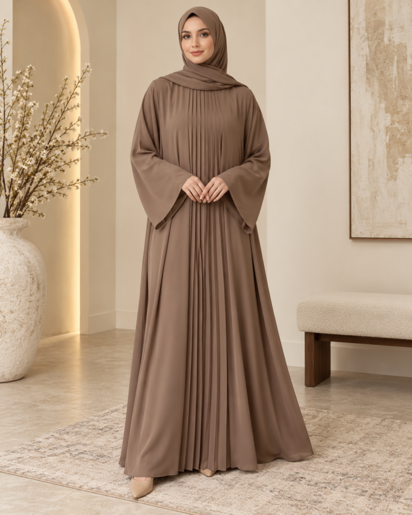 Mocha Abaya with Pleated Front and Flowing Cut