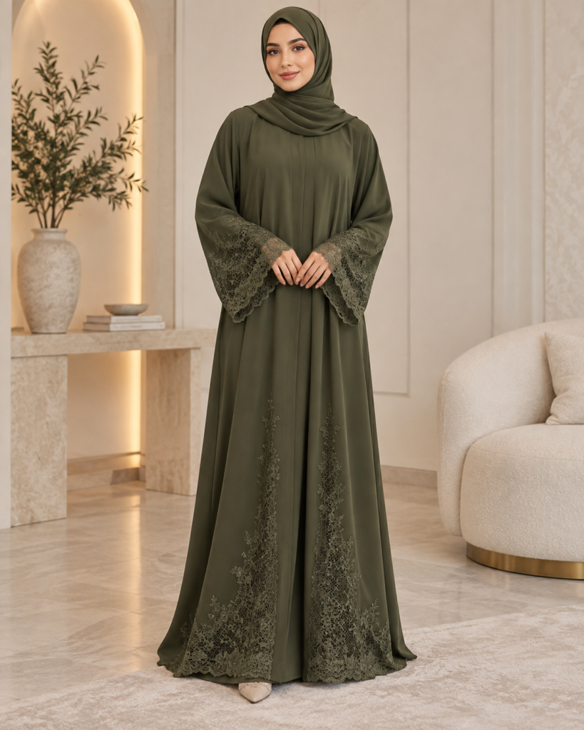 Olive Green Abaya with Elegant Lace Details