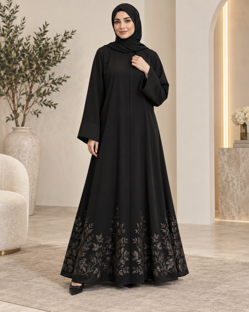 Black Half-Closhe Abaya with Embroidered Hem Details