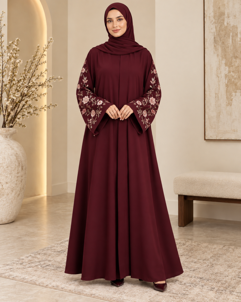 Burgundy Abaya with Floral Embroidery and Elegant Cuffs