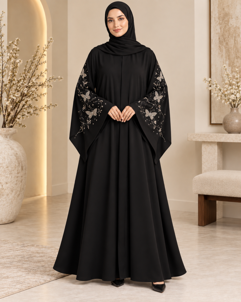 Black Butterfly Abaya with Crystal Sleeve Details