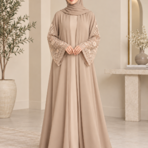 Beige Open Abaya with Lace Sleeves and Soft Draping