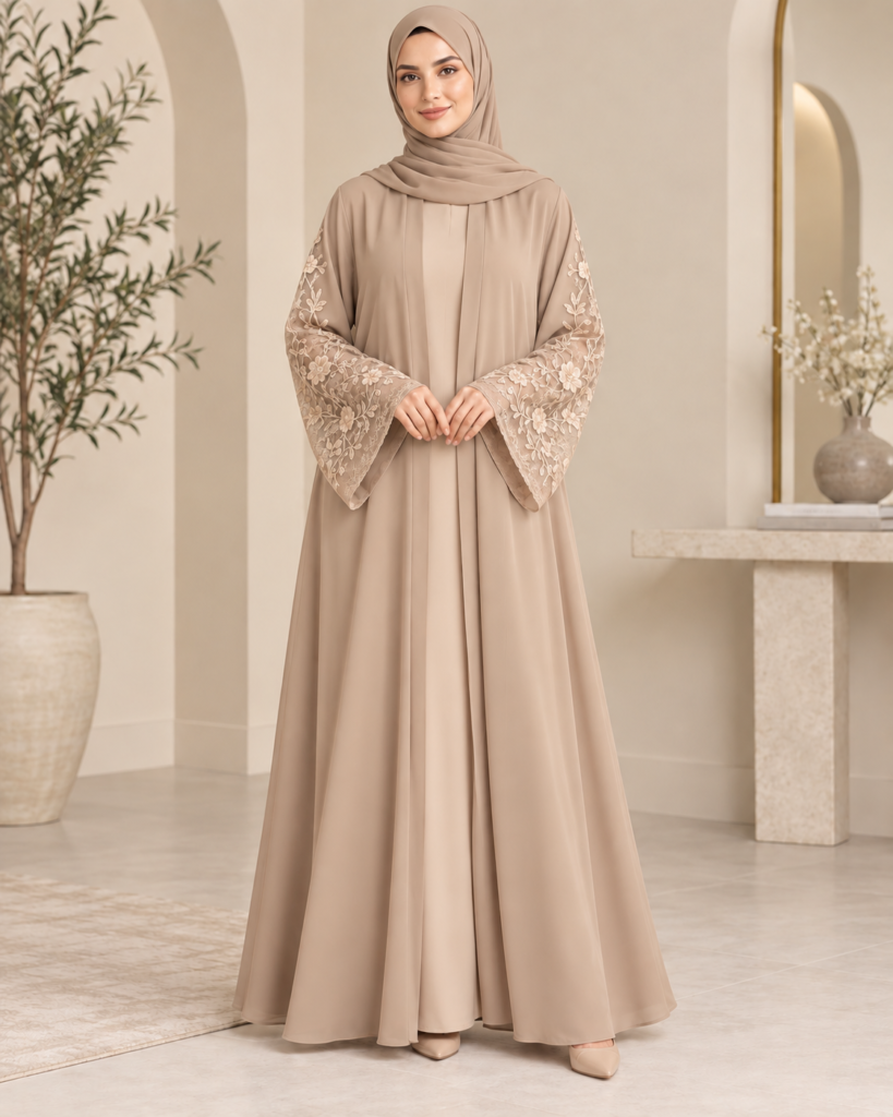 Beige Open Abaya with Lace Sleeves and Soft Draping