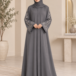 Grey Abaya with Geometric Embroidery and Straight Cut