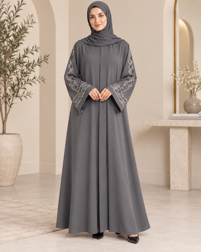 Grey Abaya with Geometric Embroidery and Straight Cut