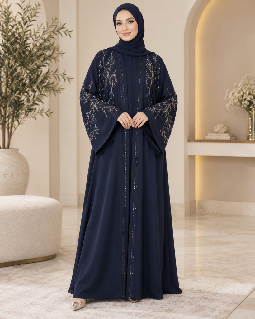 Navy Blue Abaya with Crystal Embroidery and Wide Sleeves