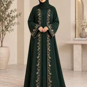 Dark Green Abaya with Embroidered Borders and Wide Cut