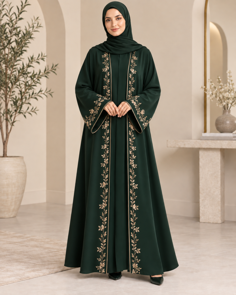Dark Green Abaya with Embroidered Borders and Wide Cut