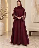 Burgundy Abaya with Floral Embroidery and Elegant Cuffs
