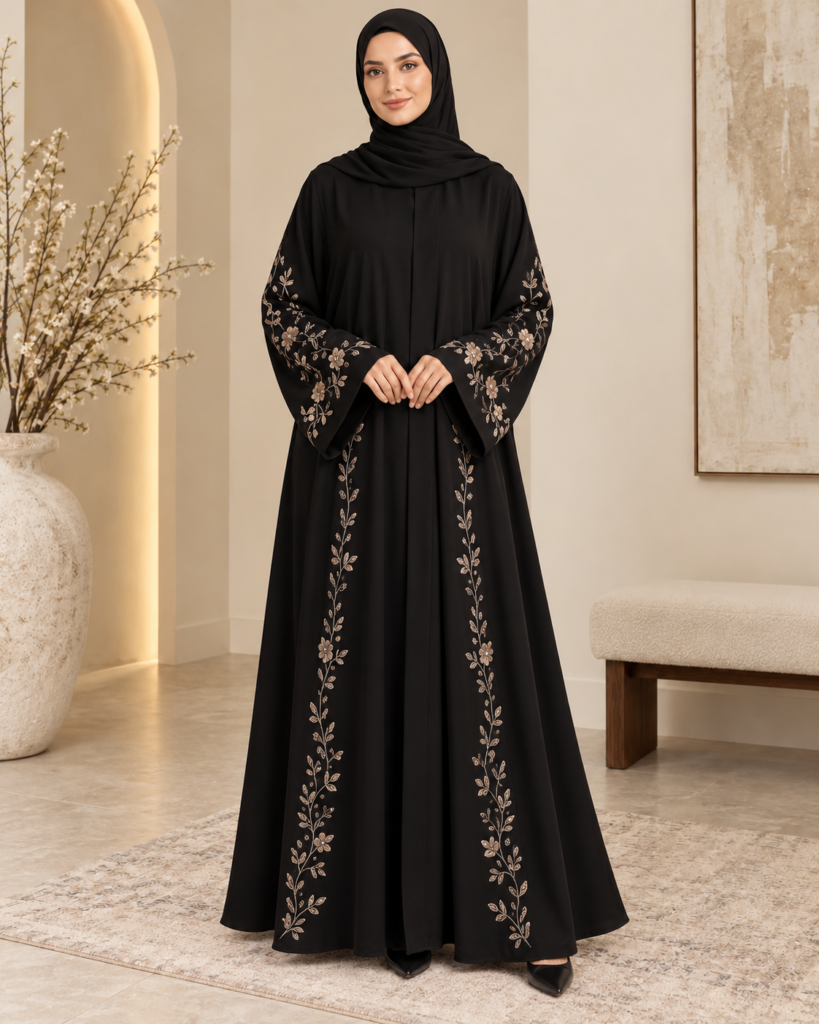 Black Royal Crepe Abaya with Hand Embroidery